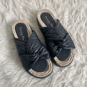 Christian Dior D-Twist Espadrille Slide Black Cannage Leather Knot Sandal 39.5